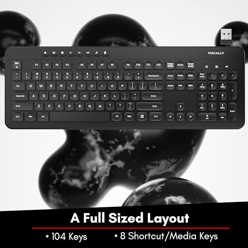 Macally Wireless Keyboard - 2.4G Ergonomic Full Size Keyboard Wireless - Ultra Slim Wireless USB Keyboard for Laptop Windows PC Windows Desktop Computer - Black
