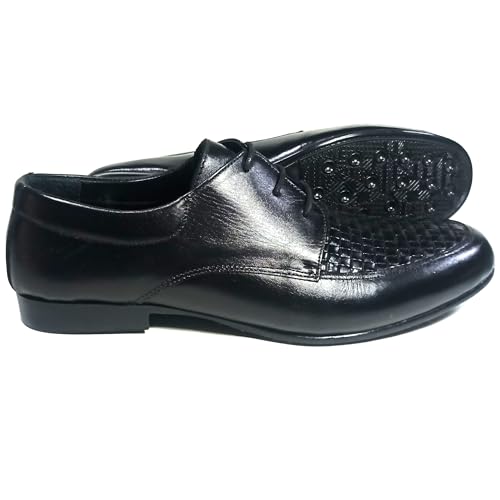 Image of Handcrafted Men's Oxford Shoes in Black Plain and Knitted Leather
