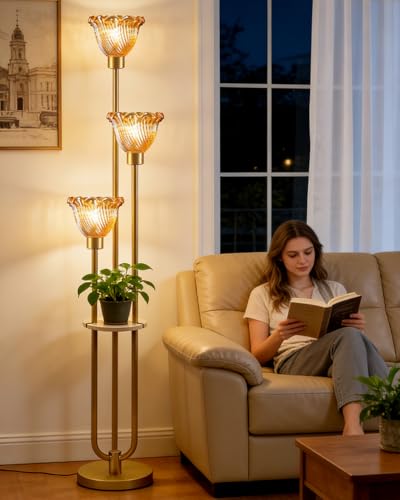 Image of Lightdot Glass Floor Lamp for Living Room Gold with Amber Glass Shade & 3000K Bulbs Included 3-Lights Modern Tall Standing Lamp with 5Lbs Heavy Base for Bedroom /Sofa Beside /Corner Decor /Party