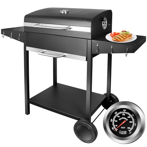 kisidus Barbacoa de carbón vegetal con tapa y termómetro, barbacoa móvil de carbón para jardín, camping y eventos al aire libre