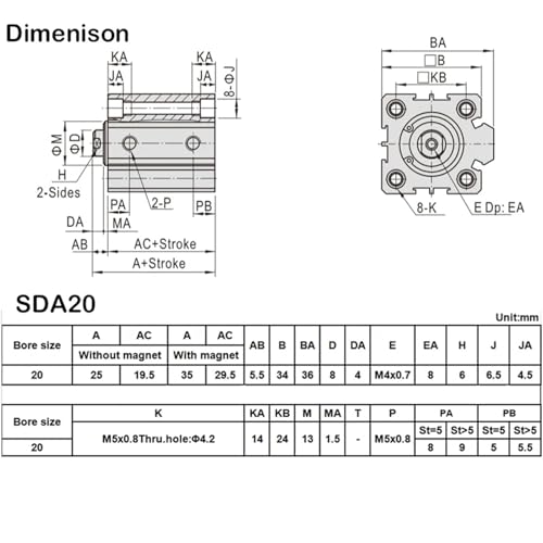 Cylindre pneumatique double action SDA20x40 à haute résistance 20mm