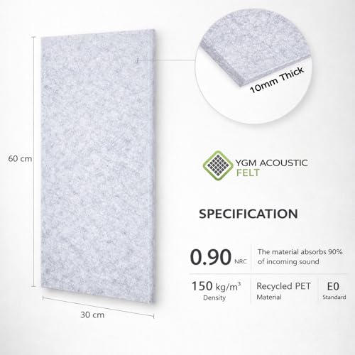 Image of YGM Acoustic Foams Luxury PET Felt Acoustic Self Adhesive Panels, 10 MM Thick, Sound Absorbing Panels for Wall | Room Noise Reducer & Sound Dampening (Marble White, 1x2 Foot - 32 Panels)