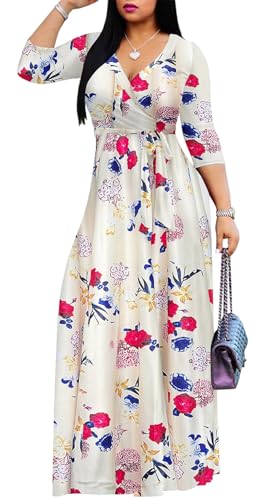 Image of Women's Floral Maxi Dress Summer Casual V-Neck 3 /4 Sleeve Long Bohemian Print Evening Party Dress