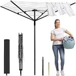 Outdoor Umbrella Drying Rack, 4-Aluminum Arms Folding Rotary Dryer with 12 Lines 165 ft Drying Space Adjustable Height Clothesline w/Waterproof Cover & Ground Spike for Garden Backyard(Black)