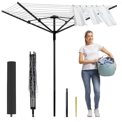 GOCEZIA Outdoor Umbrella Drying Rack, 4-Aluminum Arms Folding Rotary Dryer with 12 Lines 165 ft Drying Space Adjustable Height Clothesline w/Waterproof Cover & Ground Spike for Garden Backyard(Black) by GOCEZIA - Used condition - US$61.64