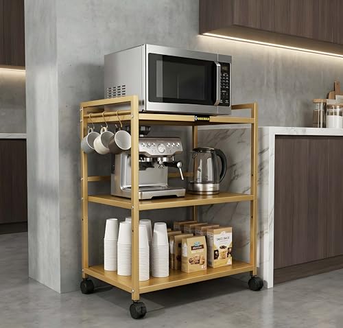 Image of Heavy Duty 3 Tier Metal Storage Rack with Wheels | Microwave Oven OTG Air Fryer & Printer Stand | Multipurpose Kitchen Utility Trolley (Golden)
