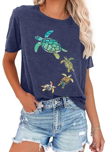 Sea Turtle Shirt for Women: Funny Animal Print Tee Ocean Life T Shirt Hawaiian Vacation Summer Tops2