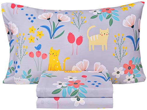 Image of Scientific Sleep Kitty Cats Flowers Girls Kids Toddler Teens 100% Cotton Twin Bed Sheet Set, Flat Sheet & Fitted Sheet & Pillowcase Bedding Set (Cats Flower, Twin)
