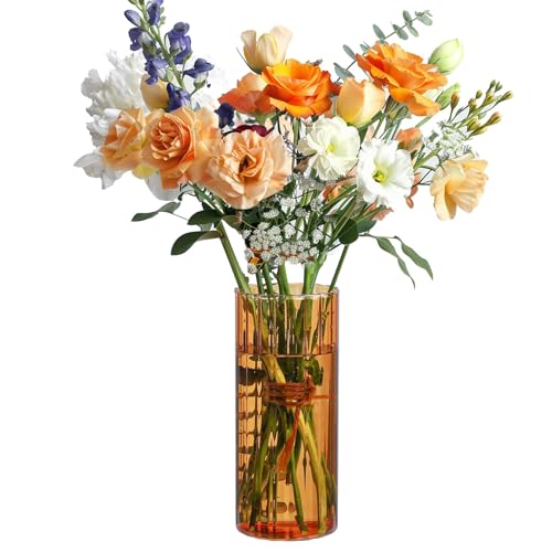 ComSaf Glass Cylinder Vases Bud Vase for Centerpieces 8 Inch Tall Ribbed Vase Hurricane Floating Candle Holder Decorative Flower Vases for Wedding Reception Home Decor Housewarming Gift (Amber)