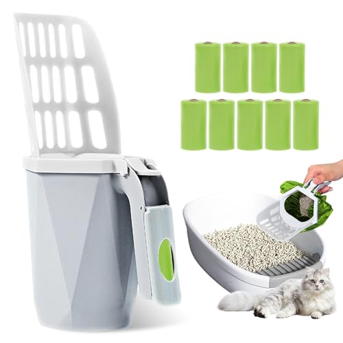 Katzenklo Schaufel mit Behälter: Katzenklo Schaufel 2 in 1 Faltbare Katzenstreuschaufel Katzenstreuschaufel mit Halterung und 10 Rollen Abfallsäcken, Katzenstreu Schaufel für Katzenstreu Klumpstreu