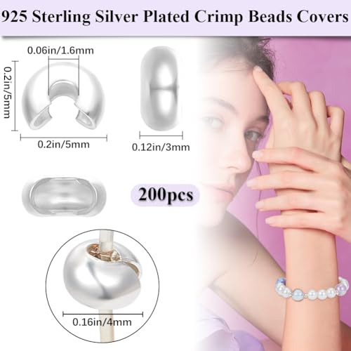 Beebeecraft 1 Box 200Pcs Half Round Open Crimp Beads 925 Sterling Silver Plated Crimping Bead 5mm Stoppers Knot Covers End Tip Caps for Jewelry Making Findings DIY Crafts Bracelets Necklace Supplies - Image 2