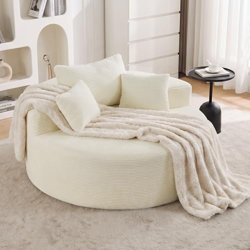 55" Oversized Round Chaise Lounge Chair, Beige Corduroy Boneless Floor Sofa, Deep Seat Comfy Barrel Chair, Compressed Sofa Couch Bed, No Assembly Lounge Chair for Living Room, Bedroom, Apartment