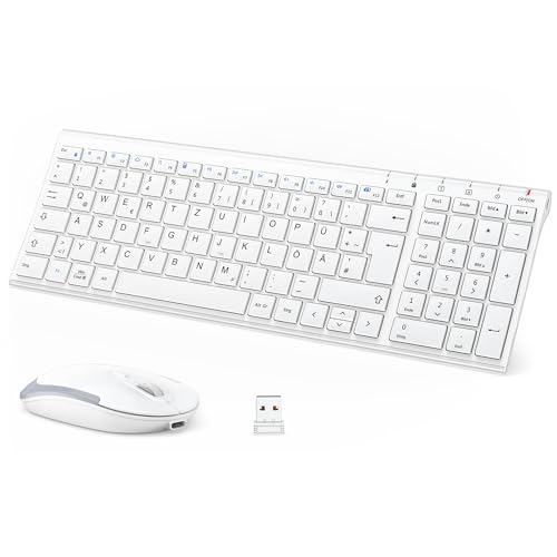 iClever GK03 2.4G tangentbordsmussats Trådlöst, Aluminium Trådlöst Slim Keyboard QWERTZ Layout (tyska), för dator / stationär / PC / bärbar dator / Oberfläsche / Smart TV och Windows 10/8/7 / Vista / XP (vit)