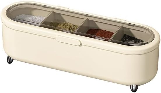 Kitchen Seasoning Box Organizer, 4 Compartment Spice Container with Lid, Food-Grade PP Storage, Butter White, 26x8.7x7.5cm (Light green shirt)