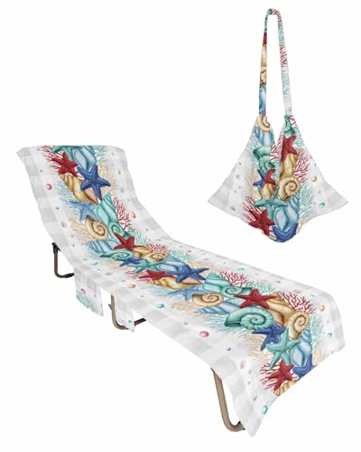 Grey Plaid Coastal Beach Lounge Chair Towel Cover, Soft Chaise Lounge Towel with Side Pockets Patio Pool Chairs Cover for Beach/Pool Sunbathing 29x85 Nautical Starfish Coral Shell Beach Ocean