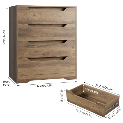 HOSTACK Brown Dresser, 4 Drawers Dresser, Farmhouse Chest of Drawers with Cut-Out Handles, Small Storage Organizer with Drawers, Wood Makeup Chest Organizer for Living Room, Home Office, Rustic Brown