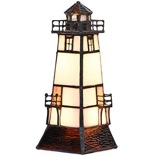Bieye L10727 Lighthouse Tiffany Style Stained Glass Accent Table Lamp Night Light With Lookout Platform For Home Decoration (5X5X9, Brown) #TOP13