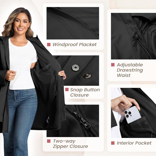 Trench Jackets for Women Lightweight Waterproof Detachable Hood Coat Windbreaker Long Sleeve Raincoats with Belt3