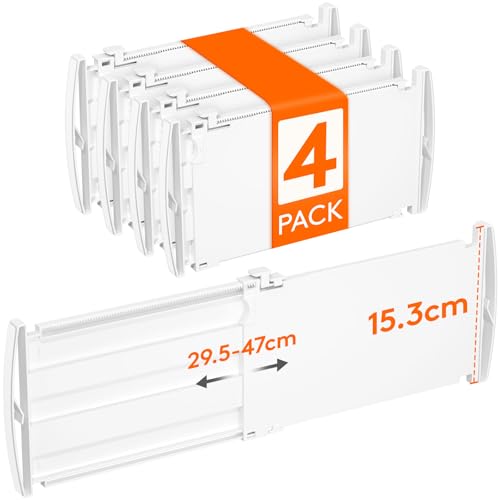 Lifewit Separadores de Cajones para Altura 15.5 cm, Ancho 30-47cm Divisores Ajustables para Armarios de Ropa, Organizador Plastico para Vestidores, Cocina, Baño, Tocadores y Escritorios, Juego de 4