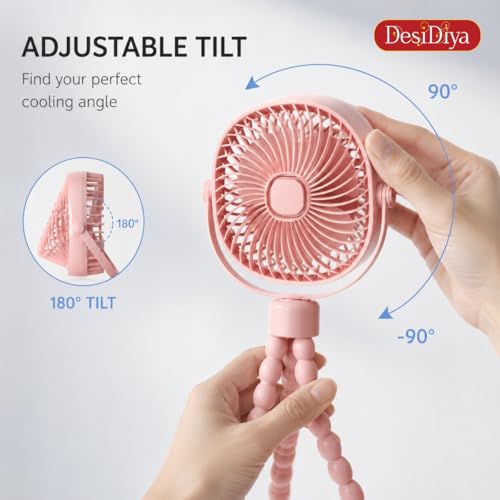 Image of Desidiya Rechargeable Mini Fan with Flexible Tripod, USB-C, Pink | 4000mAh rechargeable mini fan with flexible tripod, USB-C charging and 3 speed cooling for home & travel.