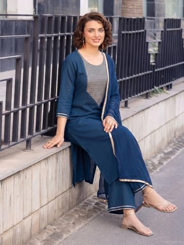 Image of ANNI Designer Women's Ruby Cotton Embroidered Straight Solid Kurta with Palazzo and Dupatta Set | Elegant Ethnic Kurta Set for Women | Comfortable Traditional for Office, Daily and Festive Use