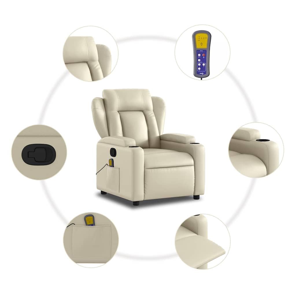 vidaXL Fauteuil de Massage Inclinable, Chaise de Relaxation avec Dossier et Repose-Pied Réglables, Siège Électrique de Salon, Moderne, Crème Similicuir