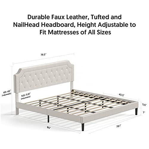 Bonsoir King Size Bed Frame Upholstered Low Profile Traditional Platform With Tufted And Nail Headboard/No Box Spring Needed/No Bed Skirt Needed/Linen Fabric Upholstery/Color Of Sand (Sand, King Size) #TOP2