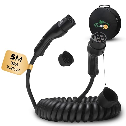 TPFNet Spiral Typ 2 Ladekabel 5m – Ladeleistung bis 7.2kW / 32A – Kompatibel mit den meisten Automarken – Flexibles und langlebiges Ladekabel Typ 2 für den privaten & öffentlichen Gebrauch