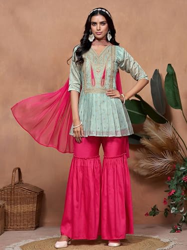 Image of EthnicJunction Womens Chanderi Silk Embroidered A-Line Kurta with Sharara & Dupatta | sharara Set | Wedding Outfit | Heavy Outfit