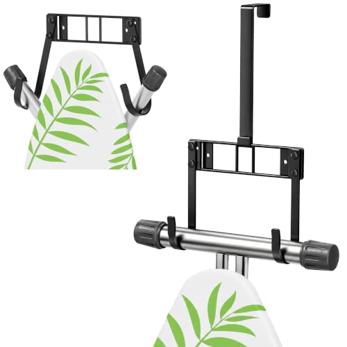 Orless Over Door & Wall Mount Ironing Board Hanger, Black | Heavy duty metal holds 30lbs, fits T/Y boards, anti-wobble Velcro, space-saving laundry organizer