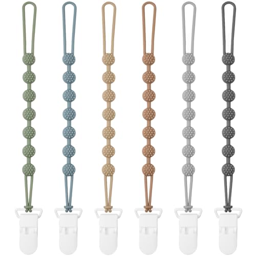 Eascrozn 6 Pack Silicone Pacifier Clip with One-Piece Design for Baby Boys and Girls, BPA Free Soft Flexible Binky Clips with Texture for Baby Essentials