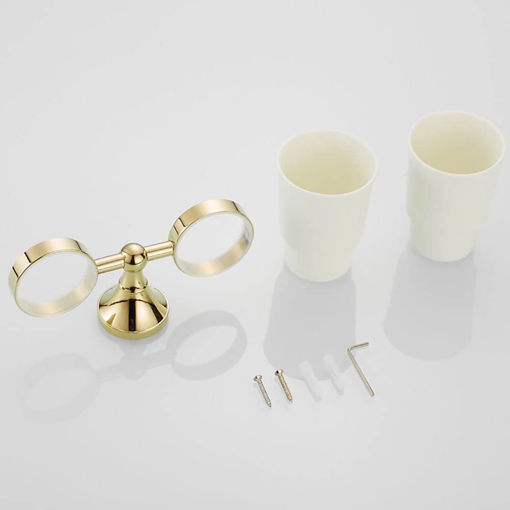 Soporte Doble Dorado for Cepillo de Dientes for baño, Soporte for Vaso de cerámica montado en la Pared de latón Simple con Taza de cerámica esmerilada, Organizador de Pasta de Dientes y maquinilla de
