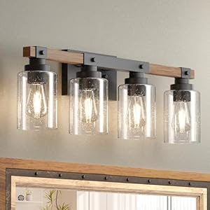Amico Farmhouse Bathroom Vanity Light Fixtures,Rustic 4-Light Industrial Painted Wood Lights,Vintage Black Wall Sconces Bathroom Vanity Lighting with Bubble Glass Shade
