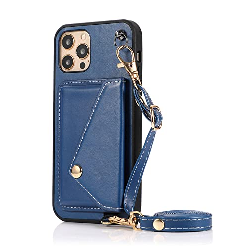 Étui porte-cartes en silicone bleu pour iPhone 13 avec cordon pratique