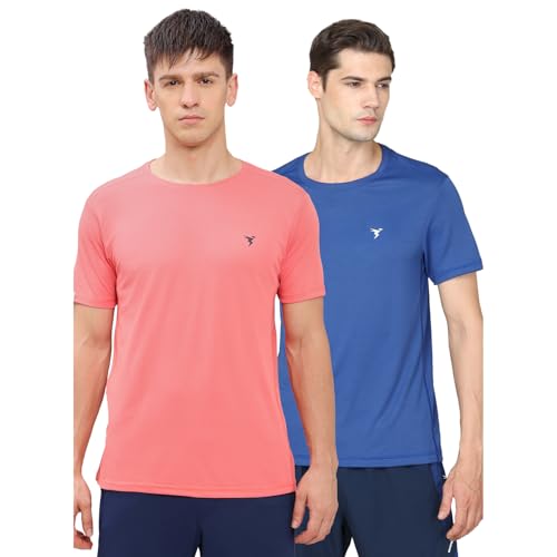 Image of TECHNOSPORT Men's 100% Polyester Slim Fit Solid Short Sleeve T-Shirt for Gym, Workout, Sports and Regular Use - Pack of 2