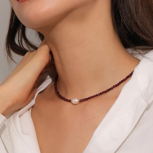 Flourisit Gemstone Beaded Necklace with Freshwater Pearl,Natural Handmade Irregular Pearl Necklace for Women,14k Gold Plated February Birthstone of Choker Gift for Mom, Girlfriend, Wife3