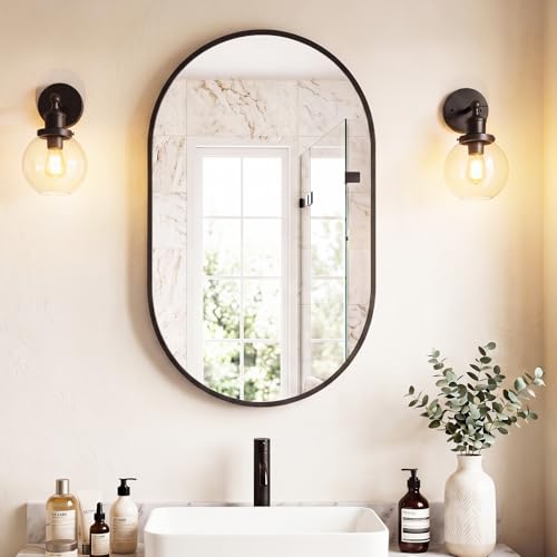 Image of Sweetcrispy 24 inch x 36 inch Black Bathroom Mirror for Wall, Oval Wall Mirror with Metal Frame, Tempered Glass, Modern Vanity Mirror for Over Sink, Living Room, Bedroom, Entryway, Horizontal or Vertical