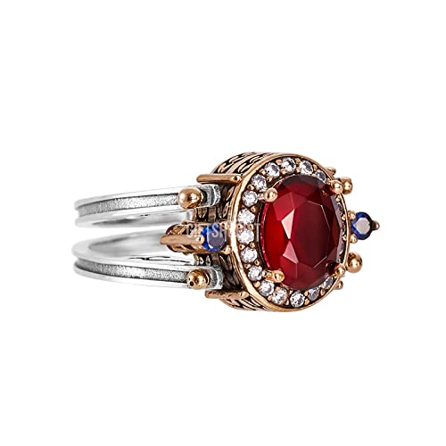 Turkish Handmade Jewelry Reversible Oval Shape Sapphire Ruby Round Cut White Topaz 925 Sterling Silver Ring Size All #TOP3