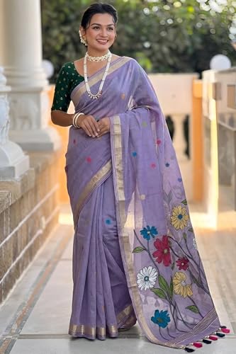 Image of SGF11 Women's Soft Cotton Linen Silk Saree With Blouse Piece
