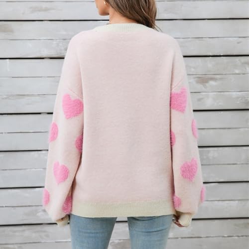 Image of Women's Valentine Love Print Heart Fun Sweater Casual Crewneck Long Sleeve Knit Sweatshirts Pullover Tops
