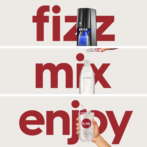 SodaStream - E-TERRA Soda Maker | VALUE BUNDLE | 3 Automatic Carbonation Levels | Includes 2x CO2 Cylinders, 3x 32 Fl Oz Dishwasher Safe Bottles, 2x Bubly Fruit Flavor Drops, 1x Power Adapter | Black