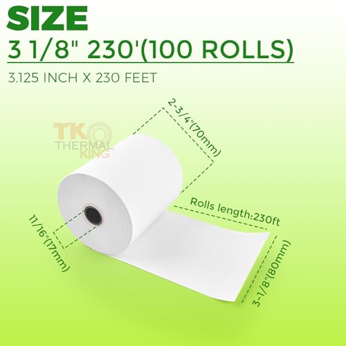 TK Thermal King, (100 Rolls) 3 1/8" x 230' Thermal Paper, POS Receipt Paper for Retail Business Cash Register, Fits Most Credit Card Terminal Point Of Sale