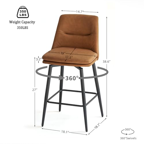 Butacos de barra GrandNoor marrones, altura de asiento 27 pulgadas, con respaldo y patas metálicas, giratorios 360°, tapizados en cuero sintético, juego de 2 miniatura 2