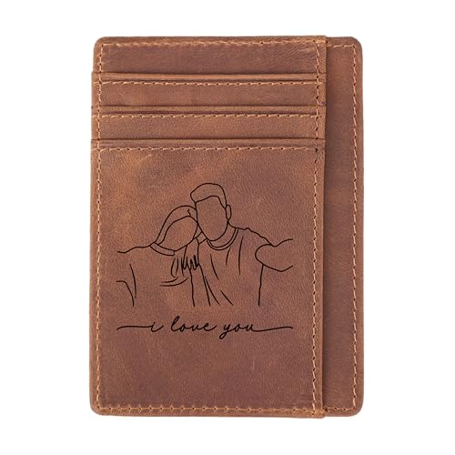 Custom Portrait Photo Front Pocket Card Holder, Personalized Men's Leather Minimalist Card Holder, Credit Card Holder, 3 Card and 1 money Slot, RFID Blocking Holder for Business Travel