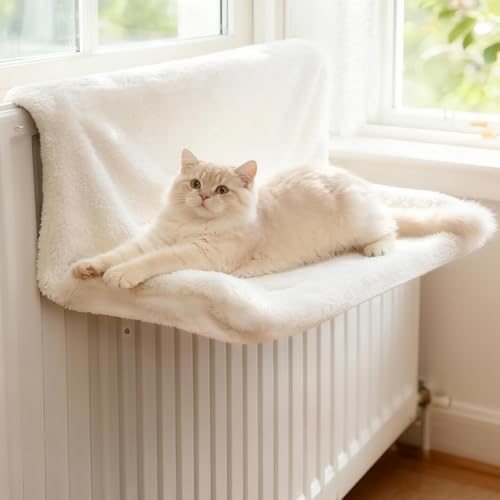 Wxeadu Cuccia Gatto Termosifone, Morbido Bianco Lana d'Agnello Amaca per Gatti, Lavabile Amaca Gatto Termosifone, Calmante Lettino Termosifone per Gatti per Termosifone da Parete 45 * 30 cm