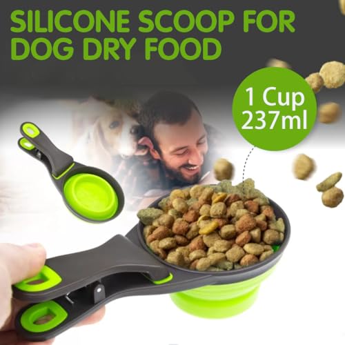 Image of Qpets Silicone Dog Food Scoop, 237ml Foldable Bowl Collapsible Scoop with Sealing Clip for Cat Dog, Portable Pet Food Scoop Feeding Scoop Food-Grade Materials Dog Food Bowl