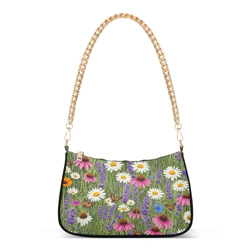 Vibrant Wildflowers Purple Butterflies Tote Handbag Womens Floral Shoulder Bag Hobo Purse Bags Zipper Closure Chain Strap