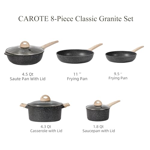 CAROTE Nonstick Granite Cookware Sets 10Pcs Stone Cookware Set, Non Stick Frying pan Set, pots and Pans Set Suitable for All Stoves (Granite, Induction Kitchen Cookware)