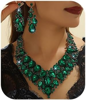 Missgrace Indian Retro Large Green Red Rhinestones Crystal Bridal Wedding Jewelry Sets Crystal Choker Necklace Earrings Set Prom Formal Bar Party Teardrop Dangle Dainty Necklace Earrings for Women