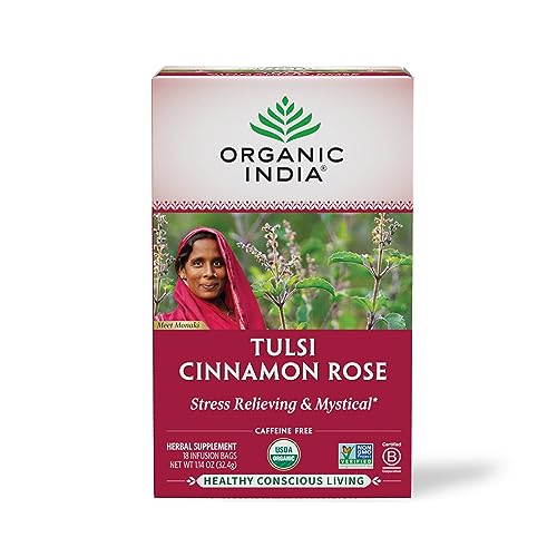 Image of ORGANIC INDIA Tulsi Cinnamon Rose Tea Bags - Tulsi Rose, Cinnamon with Holy Basil, Chamomile, Stevia, USDA Certified Organic Caffeine Free Herbal Tea - 18 Infusion Bags, 1 Pack